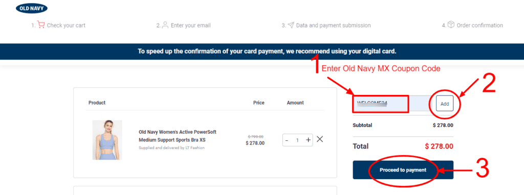 Steps Showing How to Apply Old Navy MX Coupon At Checkout.