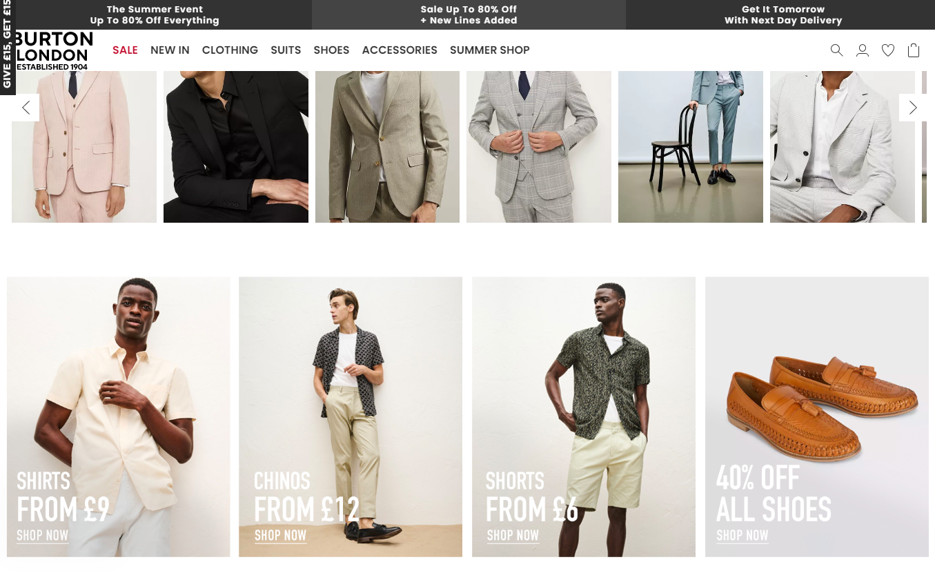 Burton UK Cover Image showing a wide range of Menswear, Specialist Suits & Shoes
