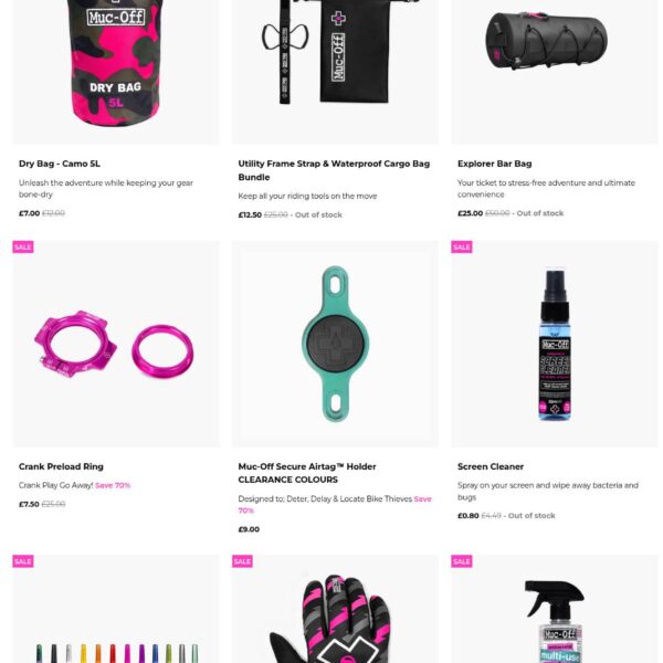 Muc-Off warehouse clearance collection page showing discounted product prices, August 2026
