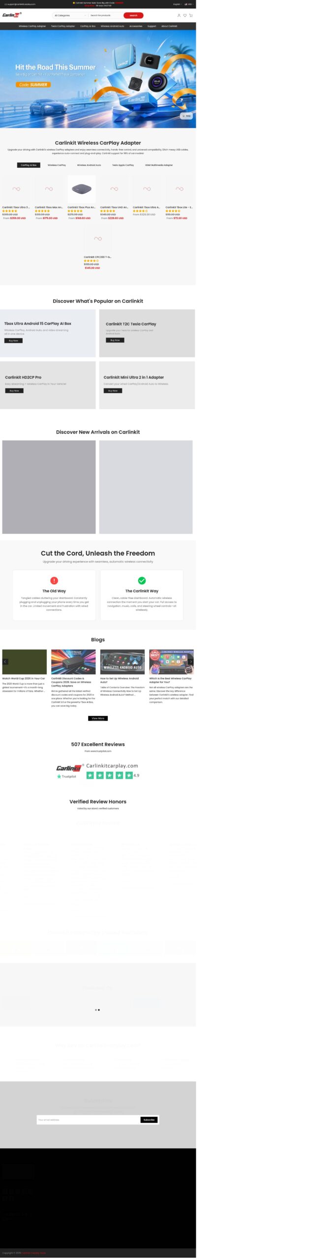 CarlinKit store homepage showing the adapter and Tbox AI box line-up with discounted prices against higher compare-at prices