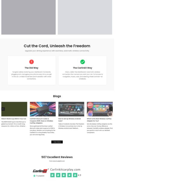 CarlinKit store homepage showing the adapter and Tbox AI box line-up with discounted prices against higher compare-at prices