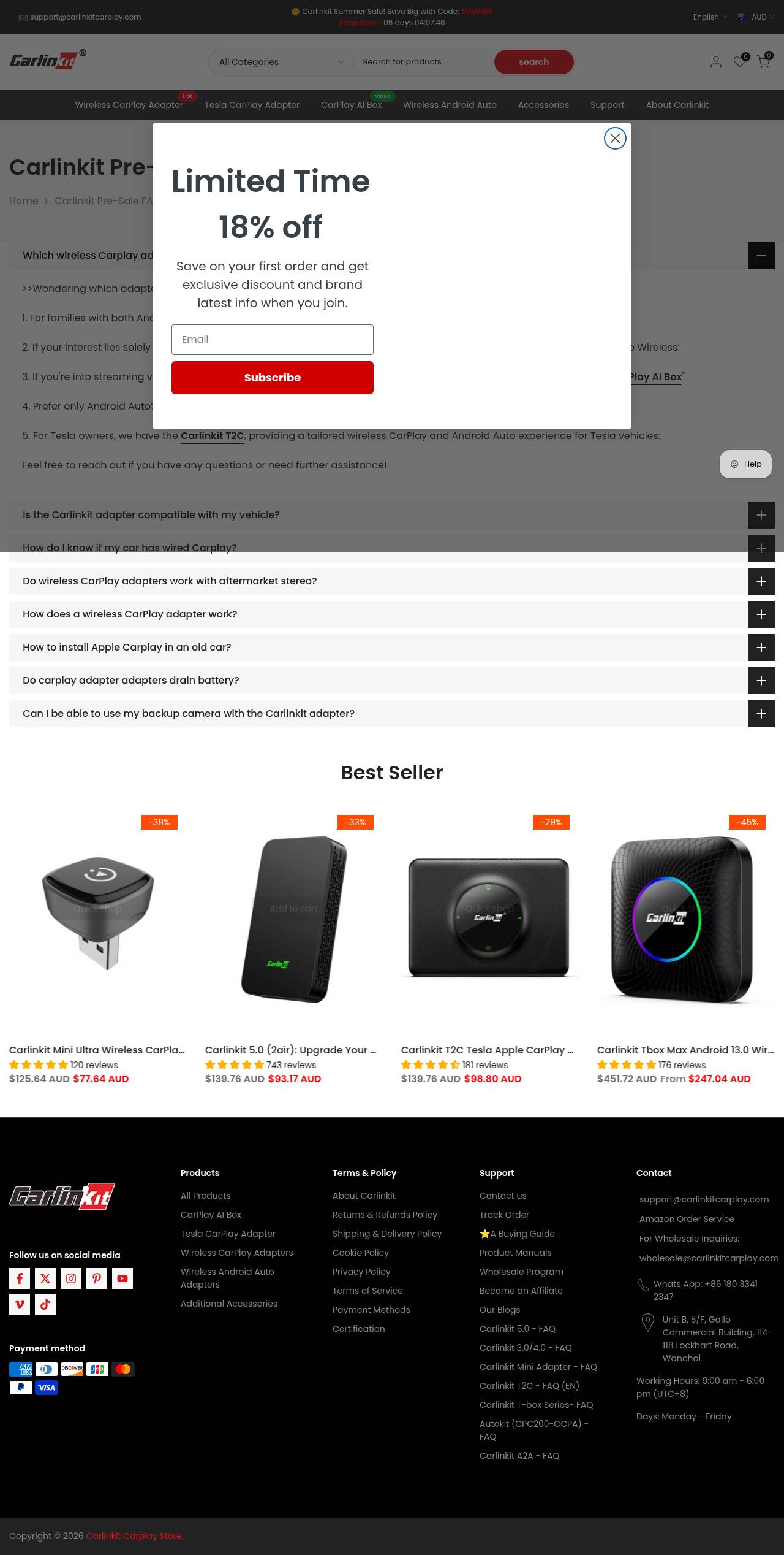 CarlinKit pre-sale FAQ page setting out compatibility, shipping and warranty answers before purchase