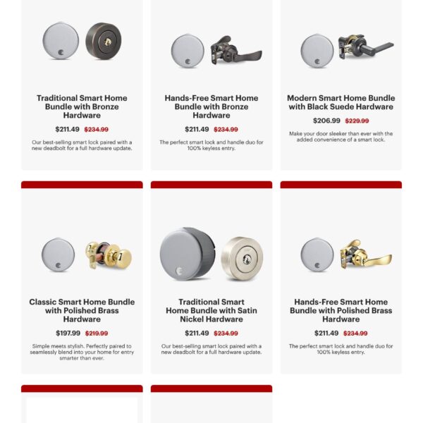 August Home sale page showing smart door bundle prices with strikethrough discounts