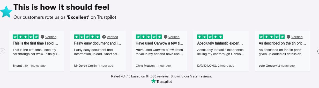 Carwow homepage panel stating that customers rate the service Excellent on Trustpilot