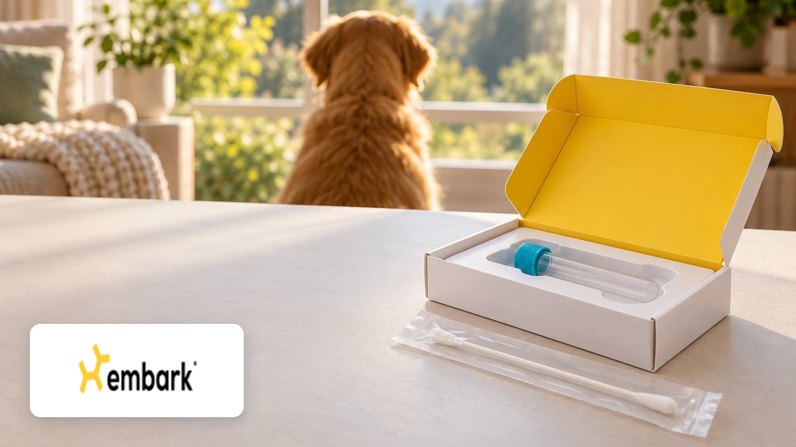 Embark Vet logo with Open white-and-yellow kit box with capped tube, sealed cheek swab, dog at window