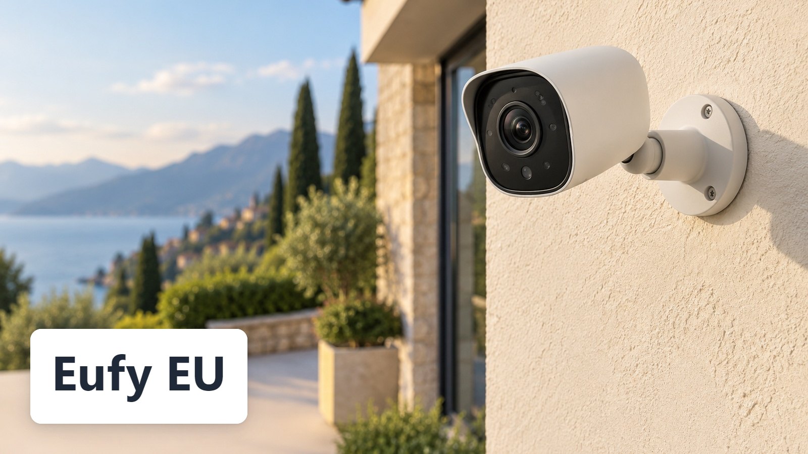 Eufy EU name with White outdoor bullet security camera wall-mounted on cream plaster, lake view