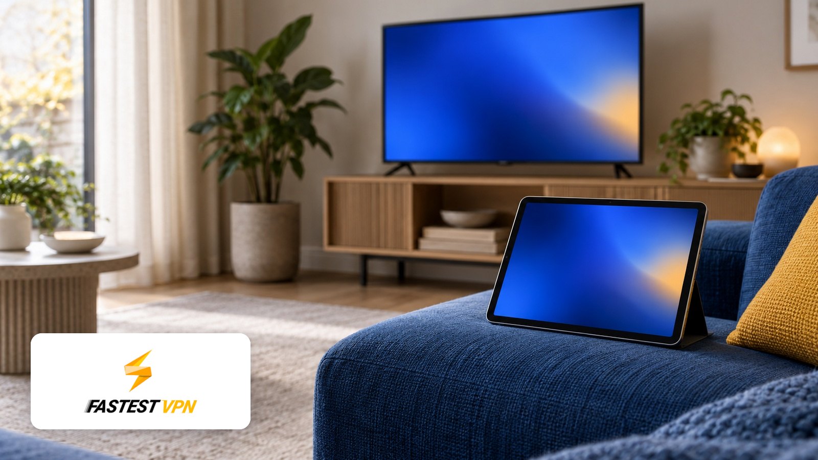 FastestVPN logo with Home media corner: TV and tablet on blue sofa, abstract blue screens