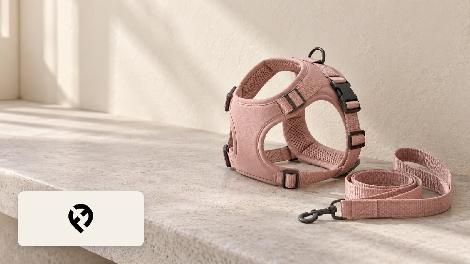 Fei and Eve logo with Blush padded dog harness and matching leash on a cream stone bench, window light