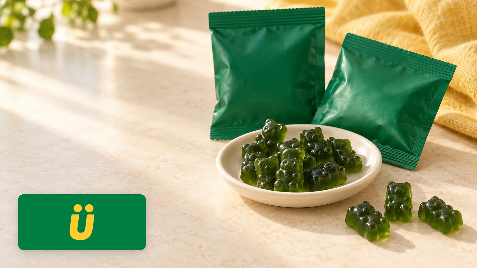 Gruns logo with Green bear gummies on cream dish, two plain green sachets, sunny kitchen counter