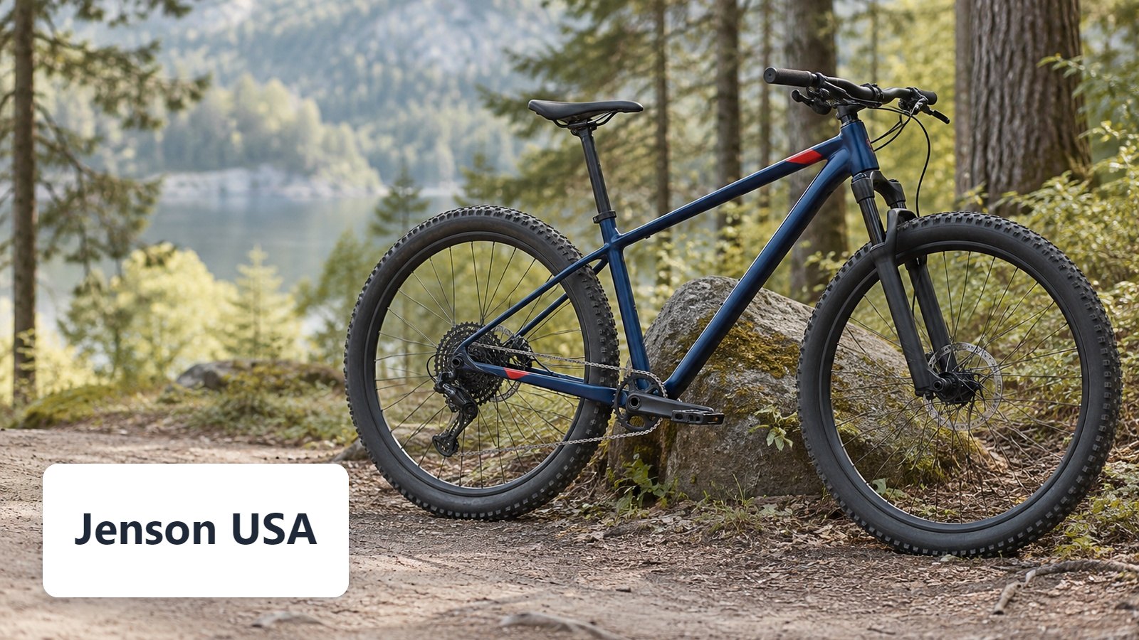 Jenson USA name with Blue hardtail mountain bike, knobby tires, leaning on rock on woodland trail