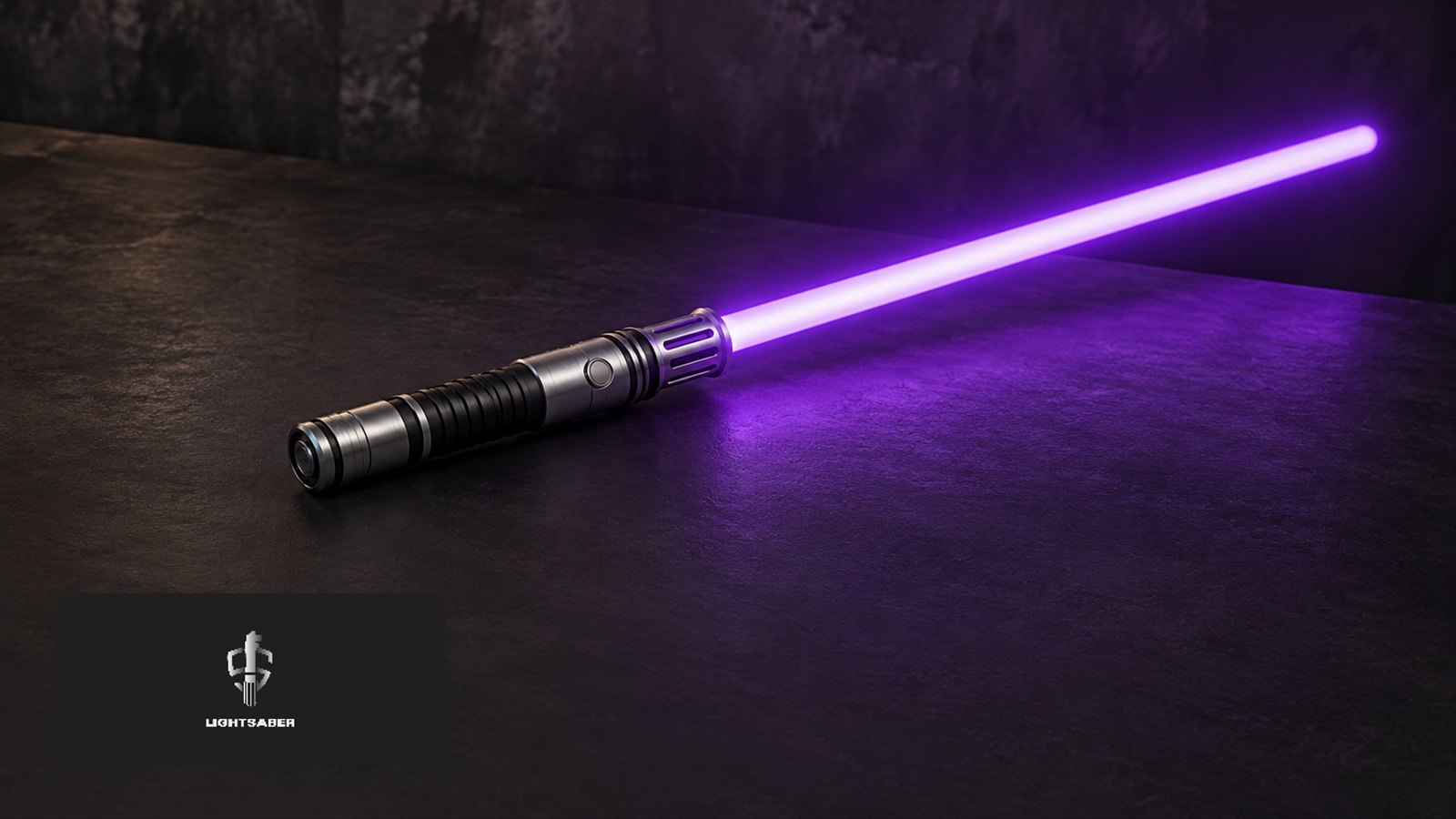 Lightsaber logo with Metal-hilt saber with glowing purple blade resting on a dark charcoal surface