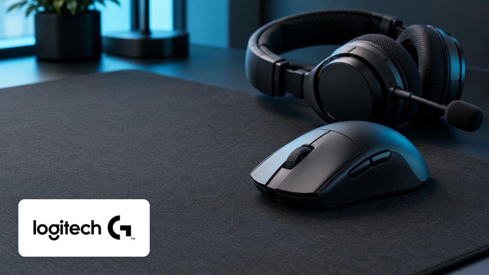 Logitech G logo with Black gaming mouse on fabric mousepad, headset with boom mic, dark desk, cyan light