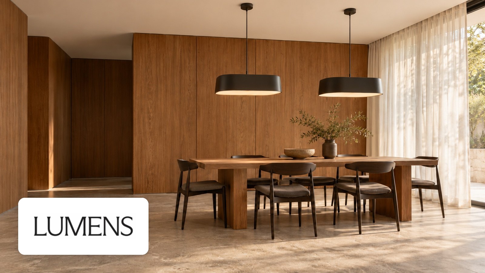 Lumens logo with Sunlit modern dining room with two dark pendant lights above wooden table, chairs