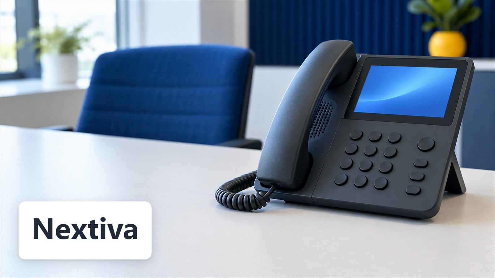 Nextiva name with Black VoIP desk phone with handset and blank keypad on office desk