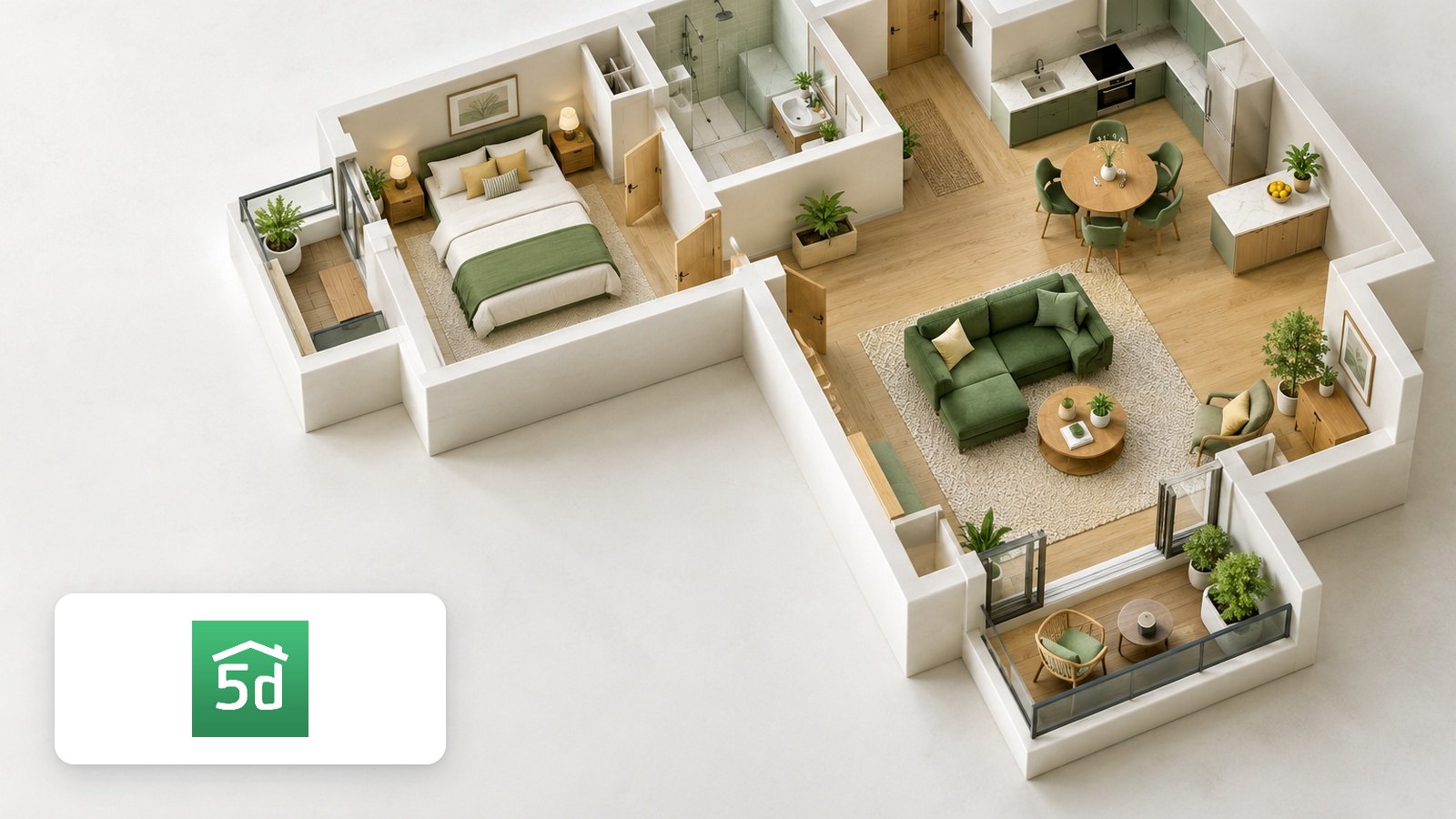 Planner 5D logo with Isometric furnished apartment cutaway model with green sofa, bedroom, kitchen, bath, balconies
