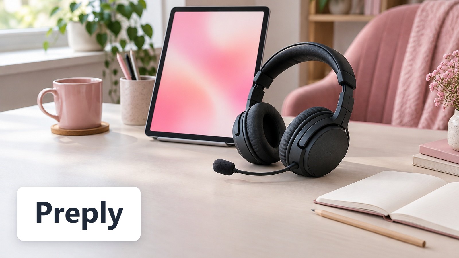 Preply name with Home desk: boom-mic over-ear headset, upright tablet with soft pink screen, blank notebook