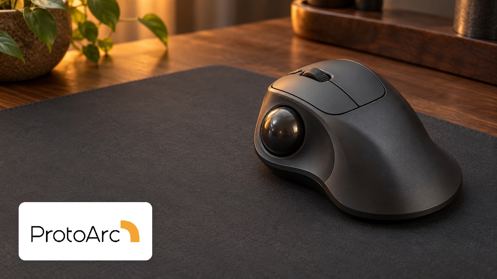 ProtoArc logo with Dark ergonomic thumb-trackball mouse on charcoal desk mat, warm wood desk, plant