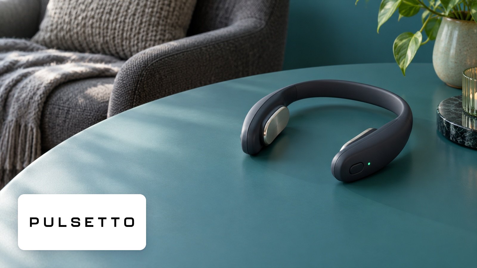 Pulsetto Review: Models, Prices, Returns & Science Explained: a neck-worn wellness device on a teal table beside a grey armchair