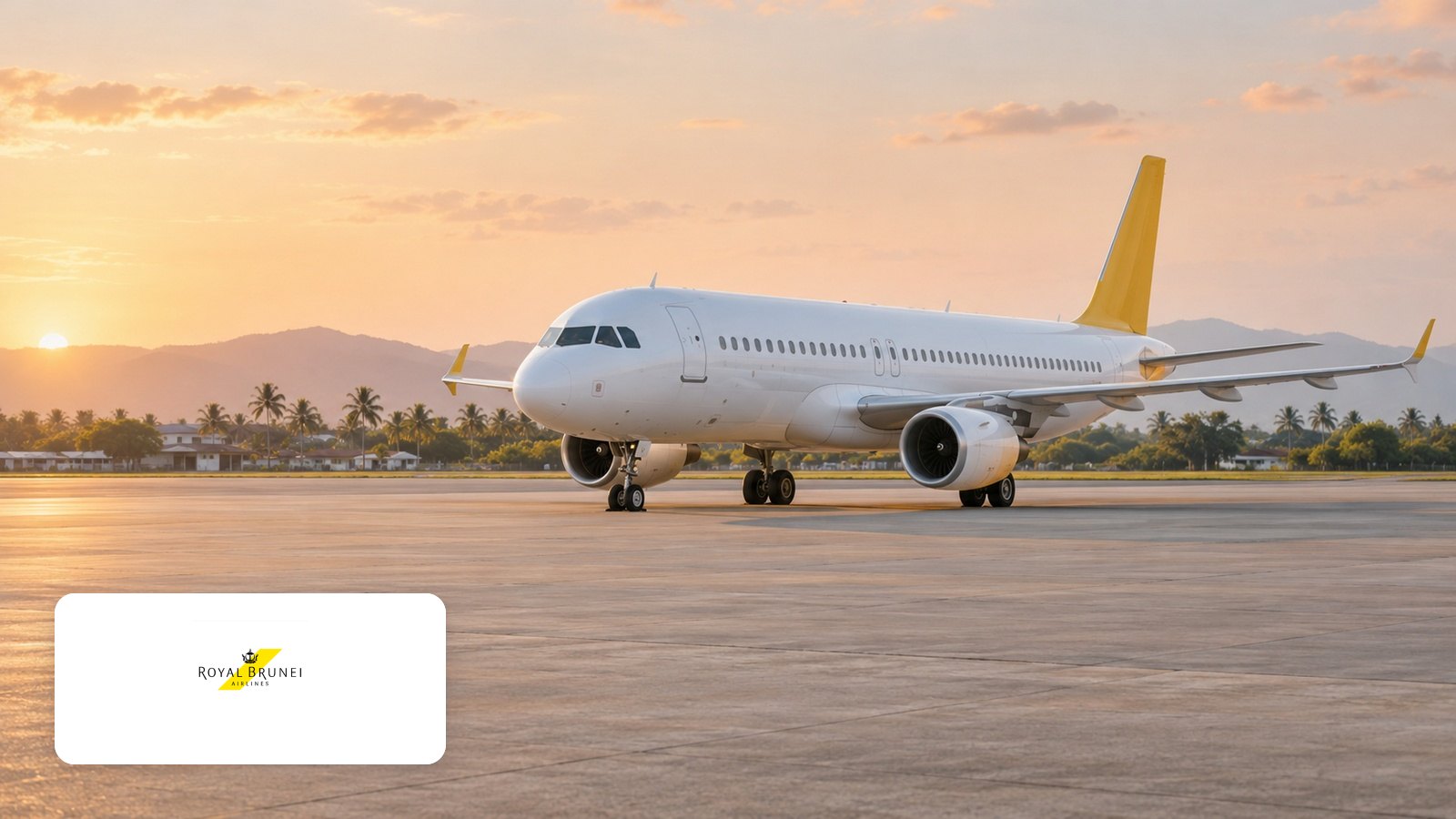 Flyroyalbrunei logo with Unbranded white twin-jet airliner with yellow tail on tropical airport apron at sunset