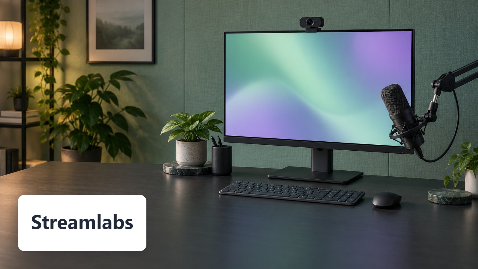 Streamlabs name with Home streaming desk: monitor with abstract gradient, webcam, boom microphone, keyboard