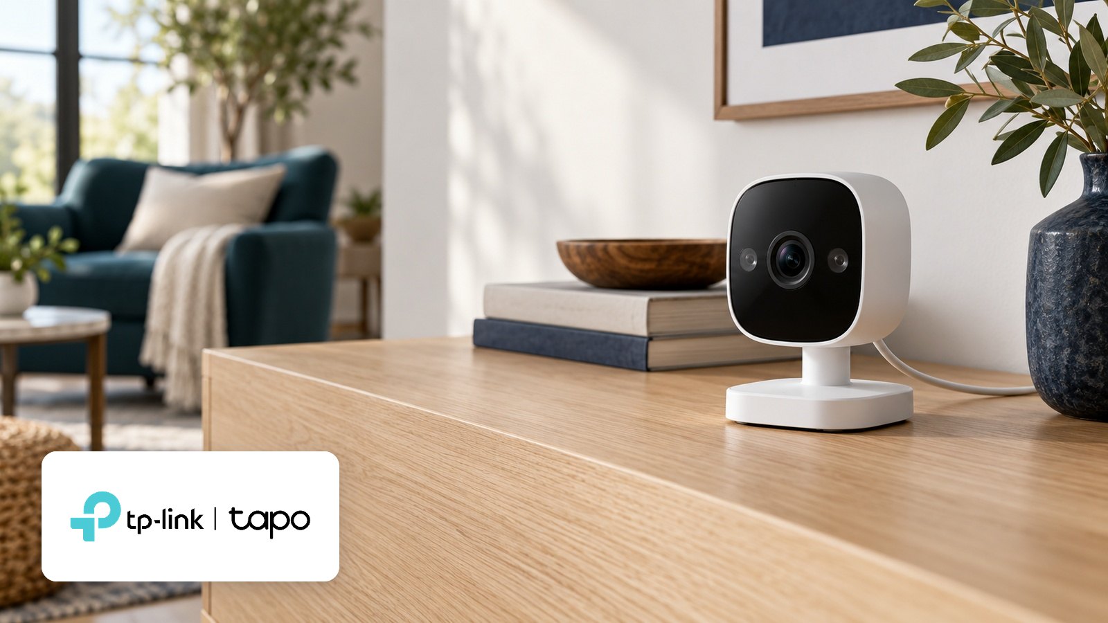 Tapo US logo with White indoor security camera with dark lens face on oak console, living room