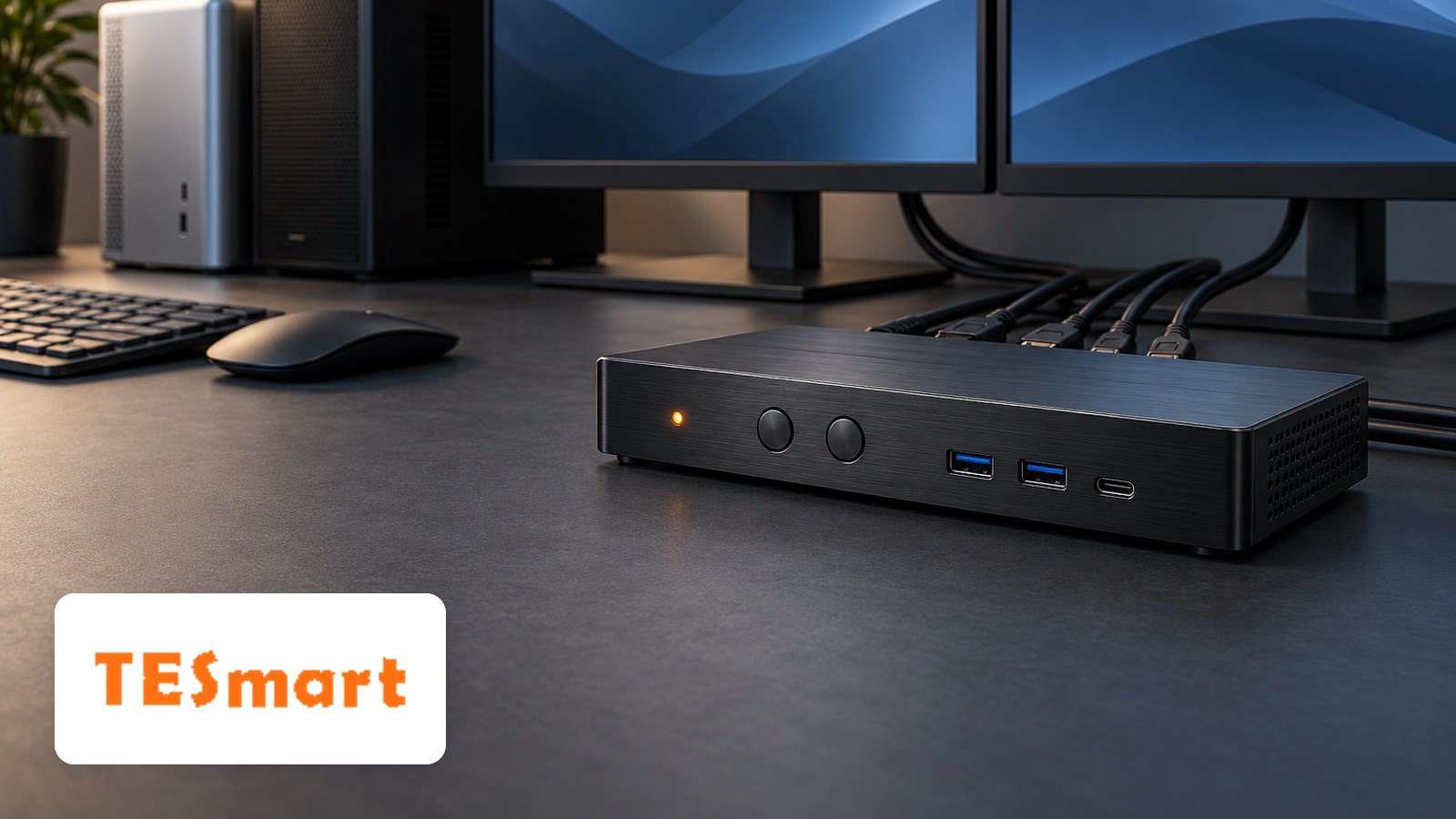 TESmart logo with Black brushed-metal KVM switch with buttons, USB ports and cables on dual-monitor desk