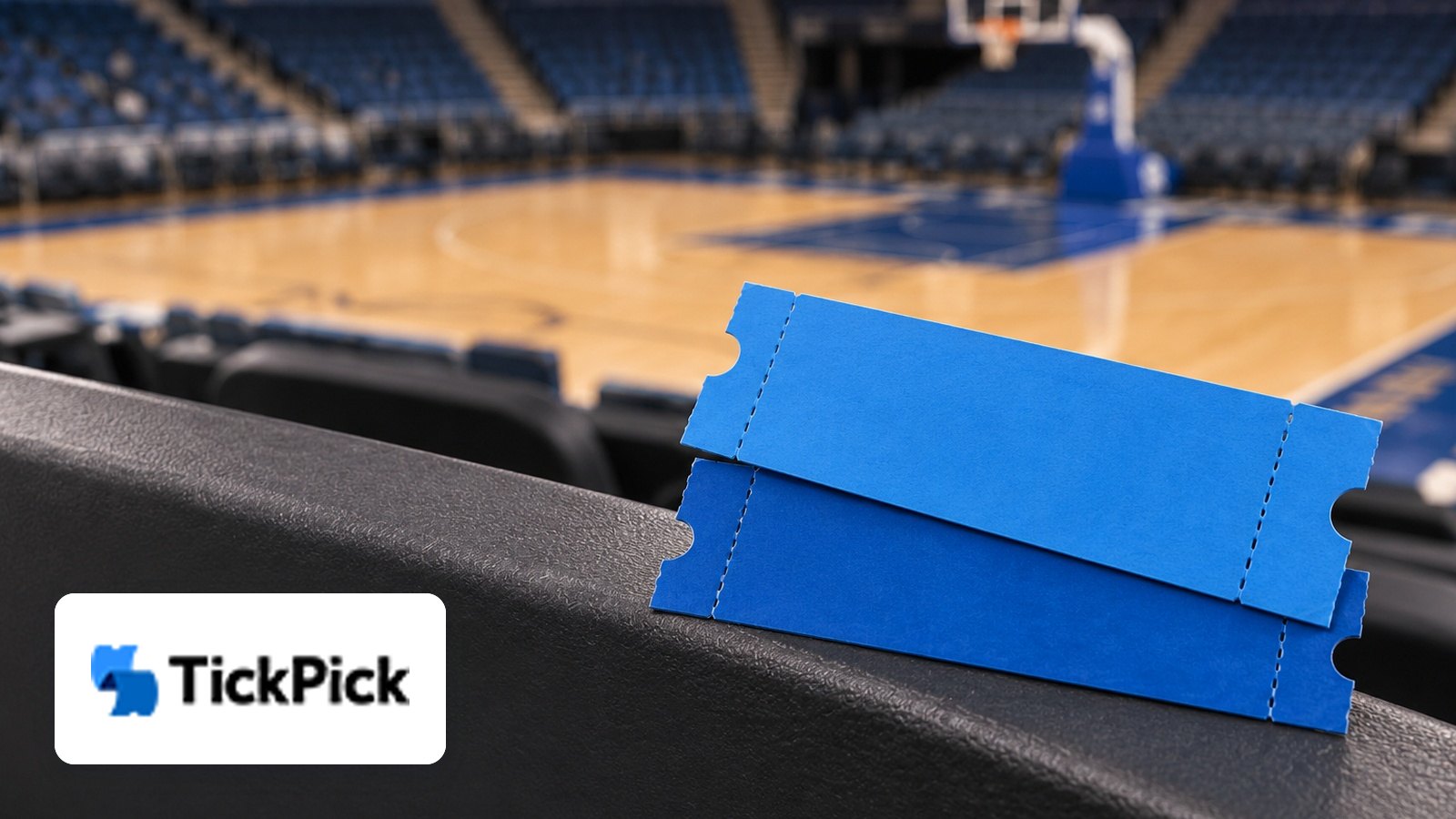TickPick logo with Two blank blue paper tickets on an arena seat back, blurred basketball court behind