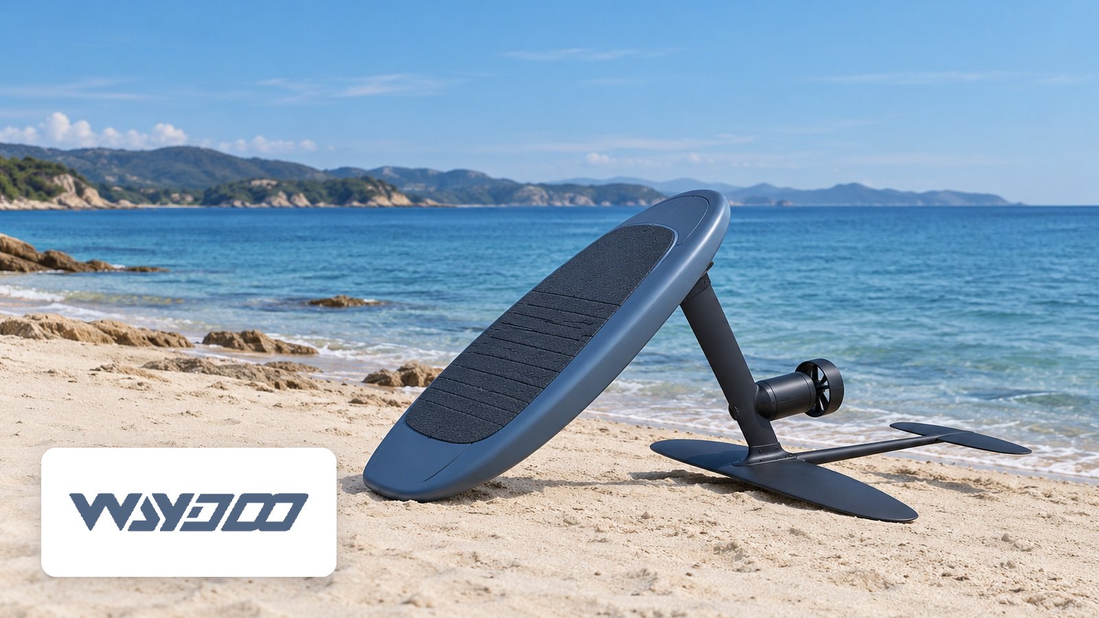 Waydoo logo with Unbranded blue eFoil with mast, propeller pod and foil wings resting on sunny beach