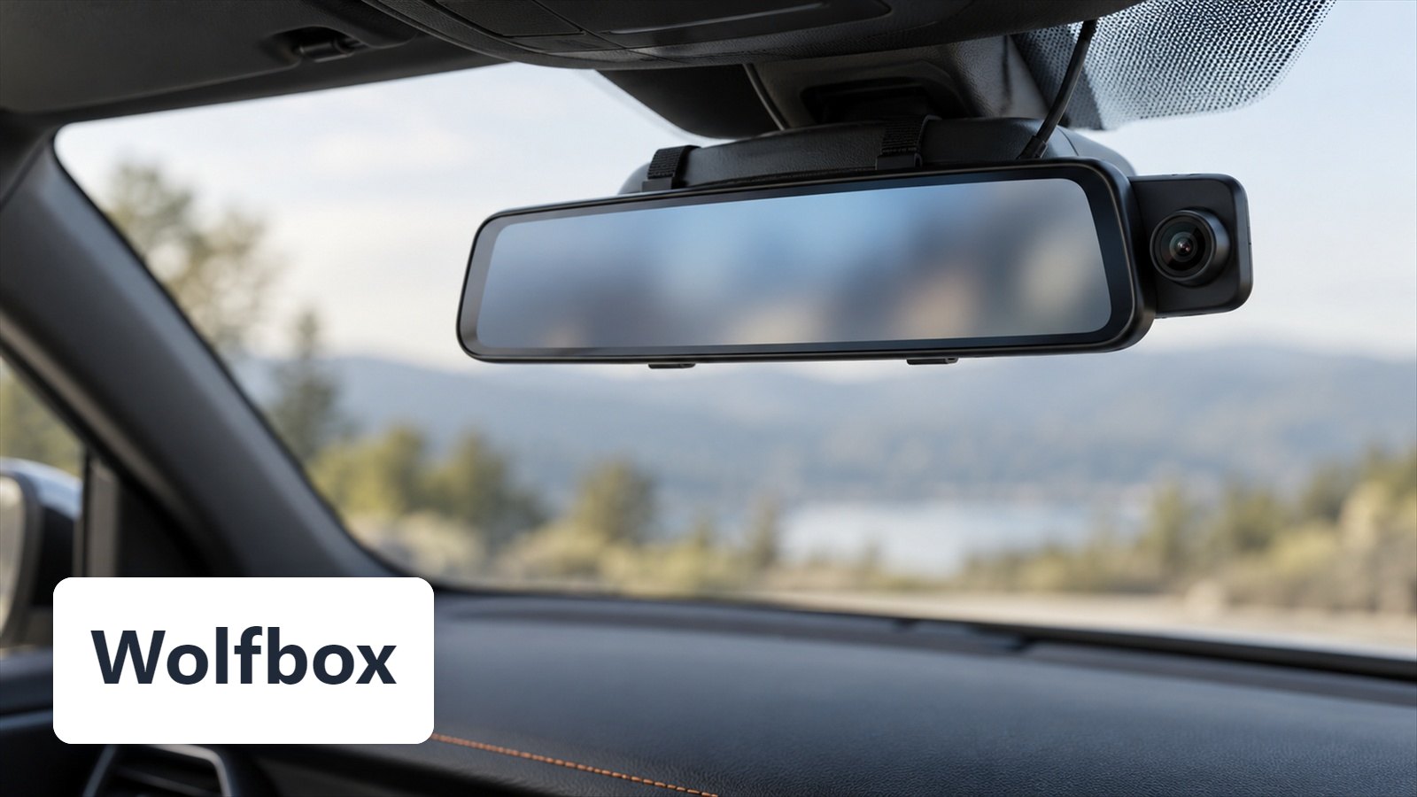 Wolfbox name with Wide mirror dash cam clipped over factory mirror in car interior