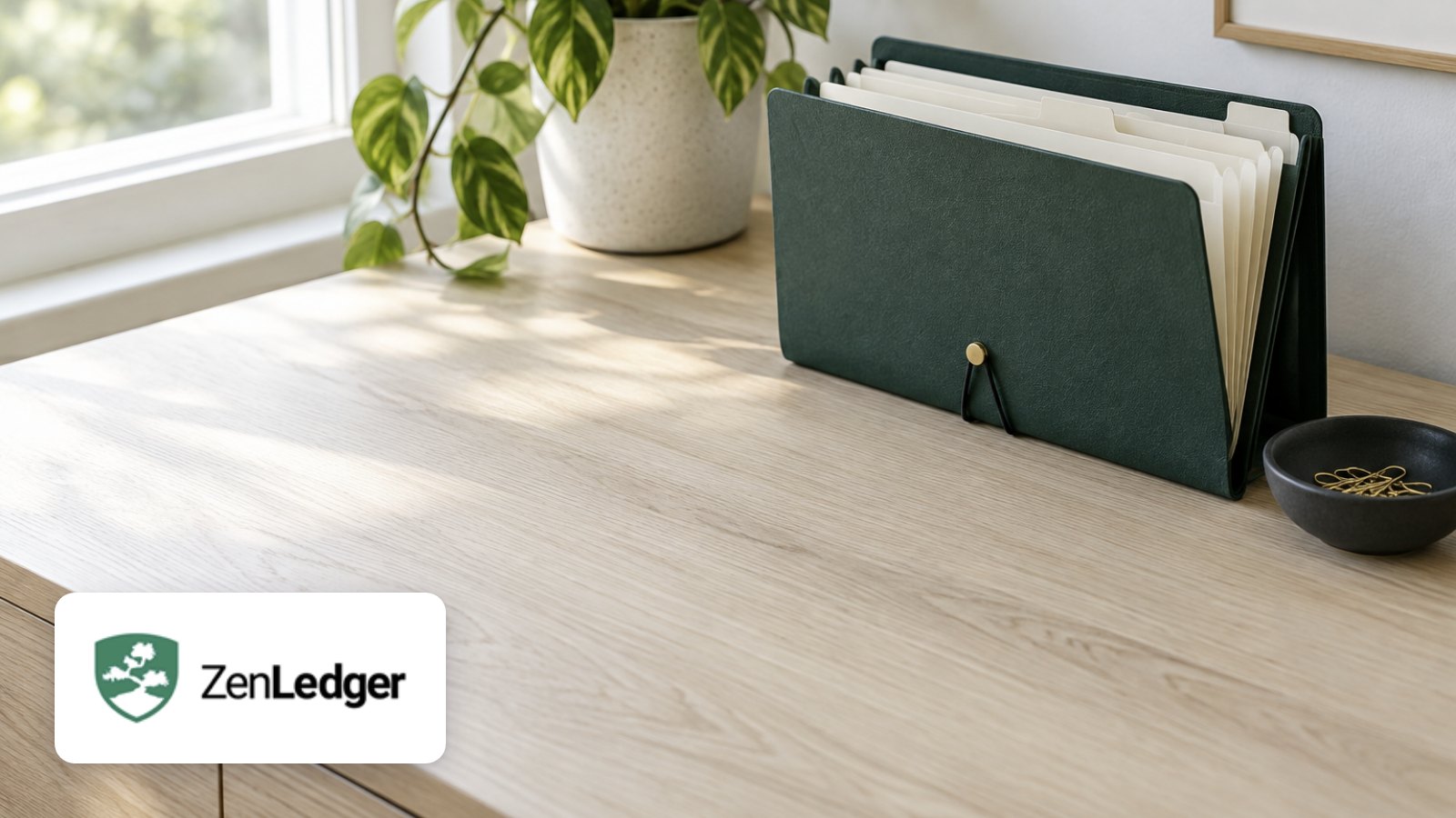 ZenLedger logo with closed blank ledger in an amber-lit black set